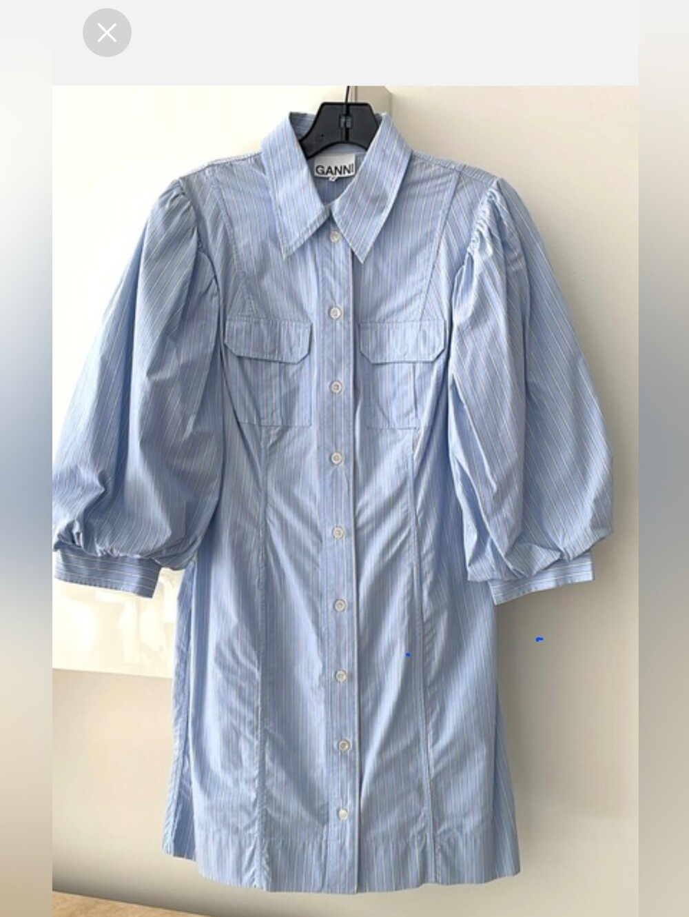 Ganni Blue & White Cotton Pinstripe Shirtdress
